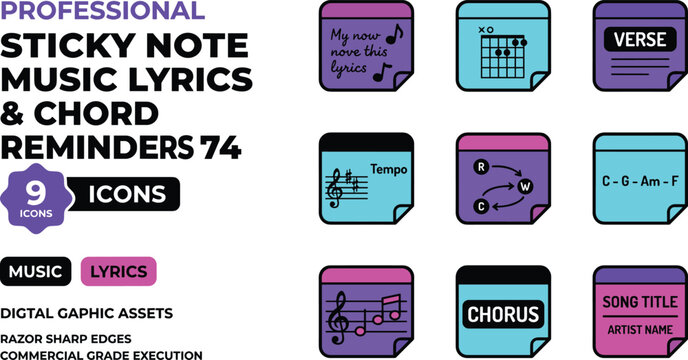 Set of Professional Sticky Note Music Lyric and Chord Reminders with Icons