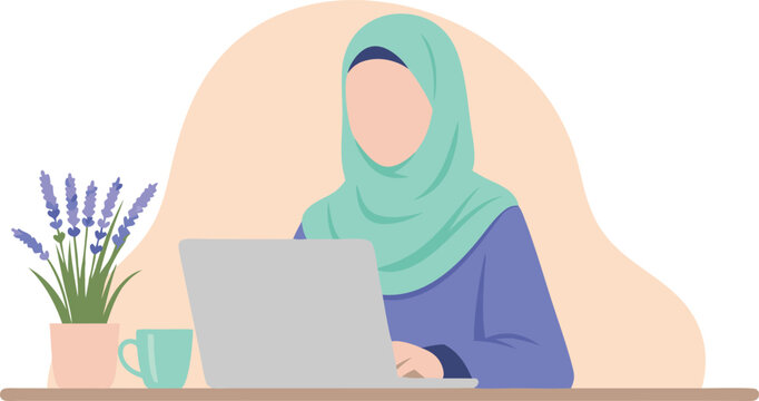Muslim woman in a teal hijab focused on her laptop at a cozy desk with a plant and cup, perfect for remote work posters, education materials, and productivity-themed designs