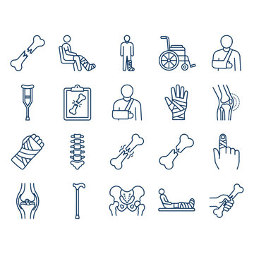 Bone fracture and injury recovery line icon collection.