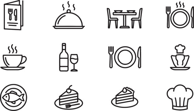 Restaurant and fine dining icon set in thin line style with restaurant