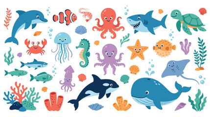 Colorful marine life set cute ocean animals characters. © NAZMA