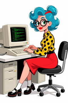 Woman with blue hair, glasses, and vintage attire using an old computer with a monitor displaying code.