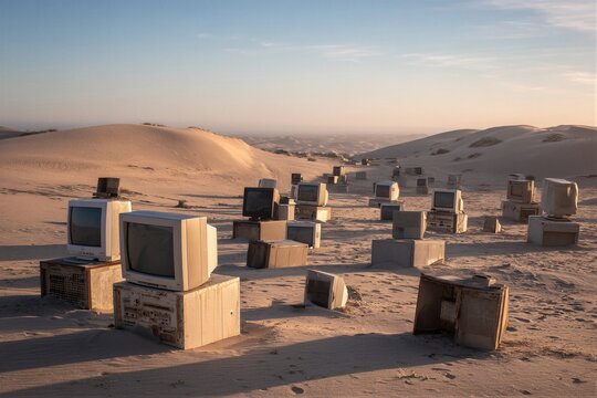 Surreal desert landscape with outdated computer monitors under afternoon light