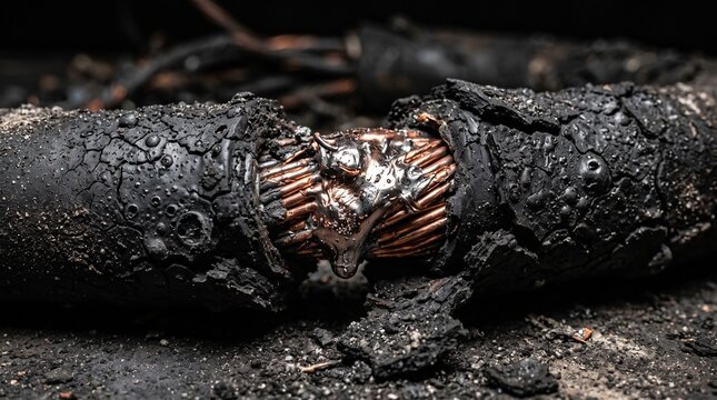 Burnt electrical cable with exposed copper wires. Damaged power cord after a fire incident.