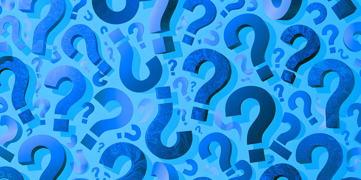 Various blue question mark shapes of varying sizes and shades are dispersed across a bright light blue background pattern