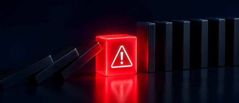 Dramatic risk management concept featuring falling black dominoes stopped by a glowing neon red warning block symbolizing crisis intervention and threat prevention.