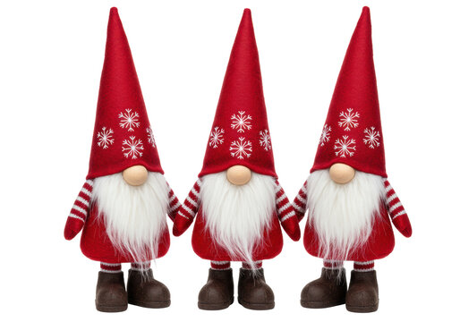 Three plush scandinavian christmas tomte gnomes with detailed red felt hats, macro product still life shot capturing microscopic fabric texture against transparent background, concept of