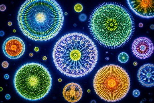 Colorful circular diatoms and plankton arranged on dark background