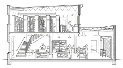 Fototapeta premium Architectural cross section drawing of a modern warehouse, storage and archive facility with packing workers and shelving