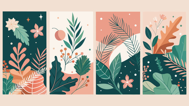 Merry Christmas Greeting Card Set with Holly Berries, Botanical Leaves, Xmas Minimal design of banner, poster, cover templates, Flat Vector Illustration