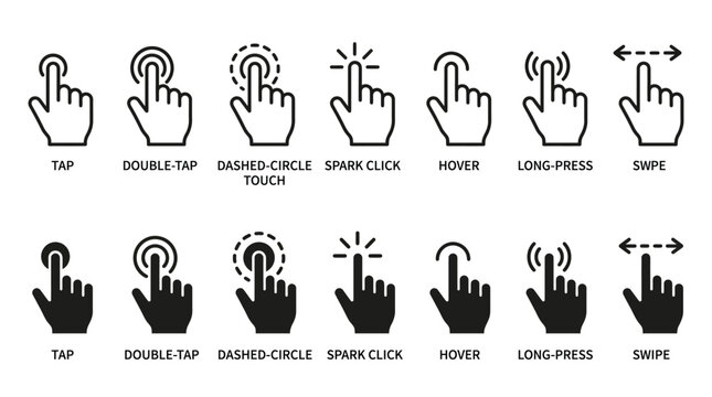 Minimalist black and white hand gesture icons demonstrating various touch screen navigation and interaction methods clearly