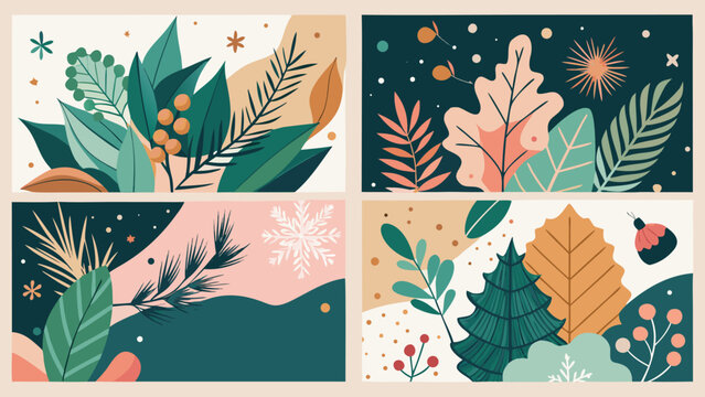 Merry Christmas Greeting Card Set with Holly Berries, Botanical Leaves, Xmas Minimal design of banner, poster, cover templates, Flat Vector Illustration