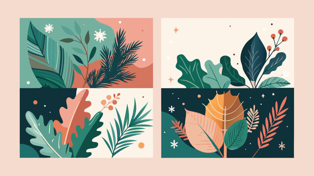Merry Christmas Greeting Card Set with Holly Berries, Botanical Leaves, Xmas Minimal design of banner, poster, cover templates, Flat Vector Illustration