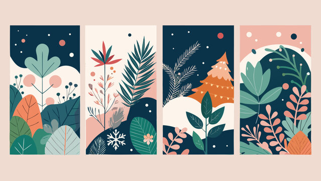 Merry Christmas Greeting Card Set with Holly Berries, Botanical Leaves, Xmas Minimal design of banner, poster, cover templates, Flat Vector Illustration