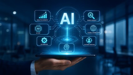 Fototapeta premium Futuristic artificial intelligence dashboard hologram hovering over digital tablet with machine learning data nodes