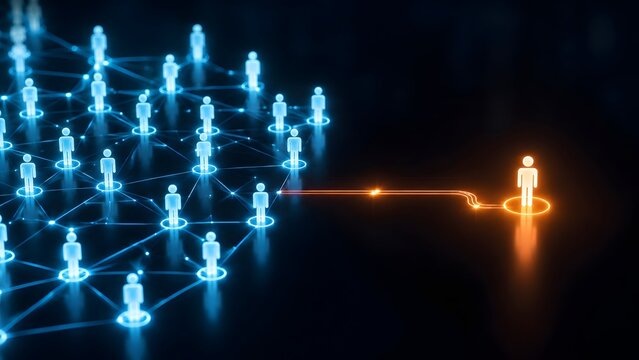 Distant Orange Person Icon Connecting To Glowing Blue Network Individual Remote Work Concept