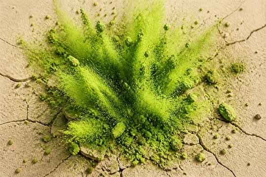 Green powder exploding on cracked dry surface with earthy background