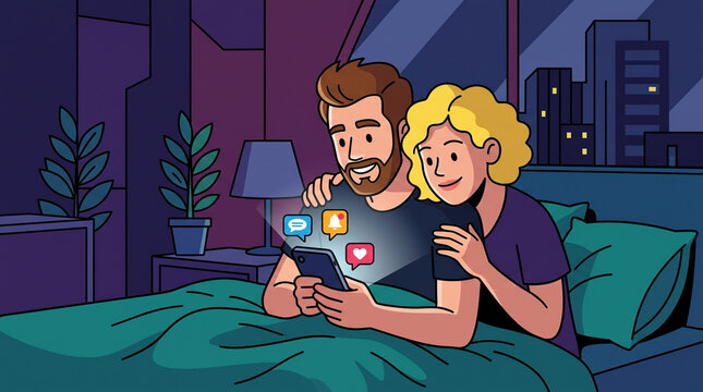 Happy couple embracing in bed looking at a smartphone with glowing social icons vector illustration