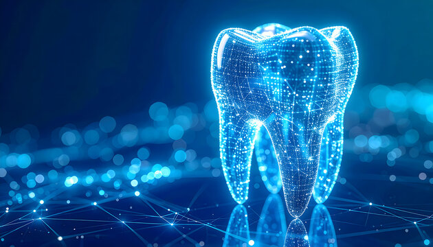 Digital tooth model glowing with futuristic blue light particles representing advanced dentistry technology and modern oral healthcare research diagnostics