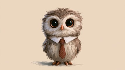 Fototapeta premium Small owl, dressed in necktie, appears in drawings.