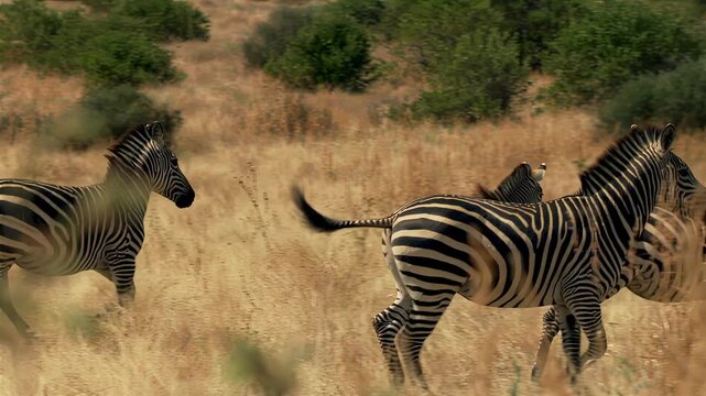 Herd of zebras running through dry savanna grass with dust clouds