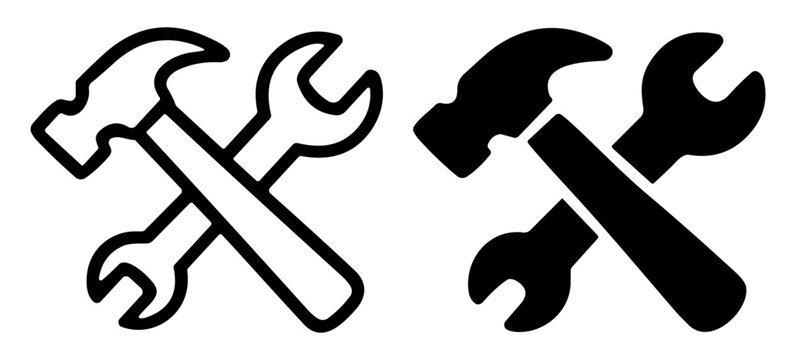 Black and white crossed hammer and wrench icons set representing tools and repair concepts on transparent background