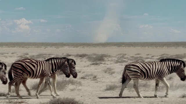 Herd of zebras walking across a dusty savanna landscape under a cloudy sky