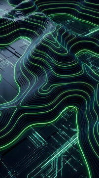 Abstract digital glowing green neon lines forming a topographic map pattern