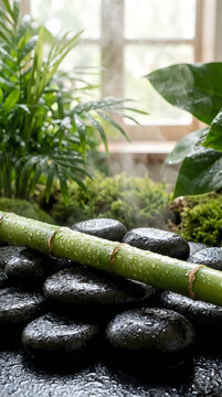 Green bamboo stalk and black zen spa stones with water drops on a table