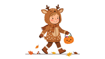 Fototapeta premium Autumnal Adventure: A cheerful child dressed in a cute deer costume, complete with spotted fur and antlers, strolls through fallen autumn leaves, carrying a pumpkin-shaped candy bucket.