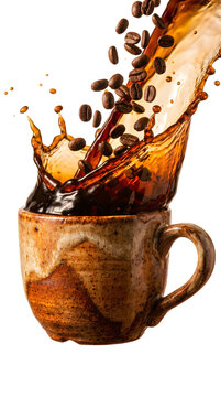 Fresh coffee splashing out of a rustic ceramic mug with roasted coffee beans