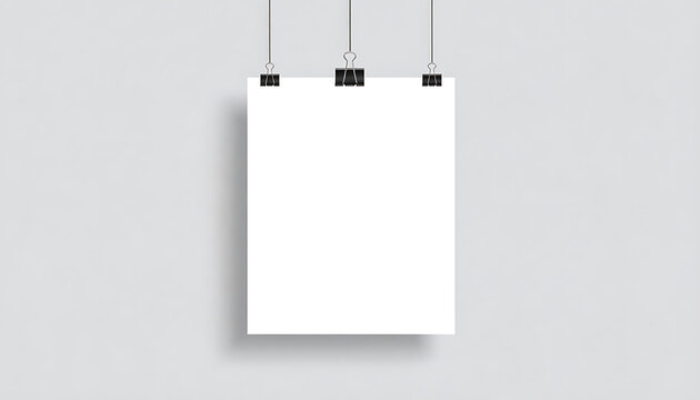 Blank white paper sheet hanging from binder clips on a neutral gray wall, mockup template for design presentation