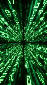 Abstract green digital code lines moving fast in a dark virtual space tunnel