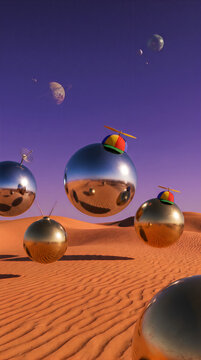 Shiny round metallic spheres floating over a textured orange desert landscape