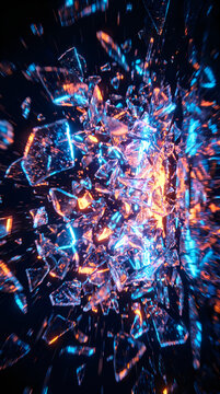 Abstract explosion of shattered glass shards with vibrant neon light reflections