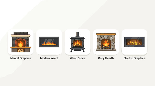 Set of Various Types of Indoor Home Fireplaces