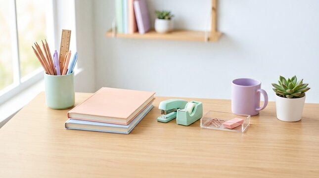 minimalist study space, a minimalist desk setup featuring organized pastel school supplies with ample space