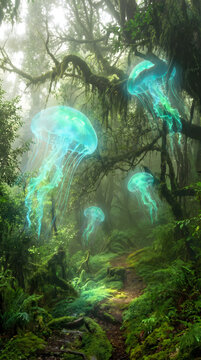 Glowing blue jellyfish swimming in dark deep ocean water with natural light