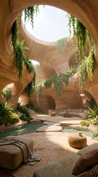 Modern luxury living room with round arch window and green hanging plants inside