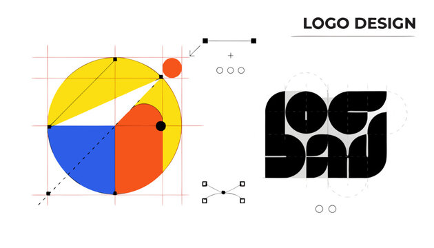 Very beautiful realistic vector illustration of a GEOMETRIC LOGO DESIGN PROCESS featuring a bold branding label reading "LOGO DESIGN", construction grid, geometric guides, stylized wordmark, B&eacute;zier cu