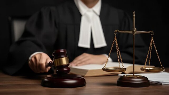 Judge using a wooden gavel to make a final ruling inside a courtroom with brass scales of justice positioned on the table in the foreground