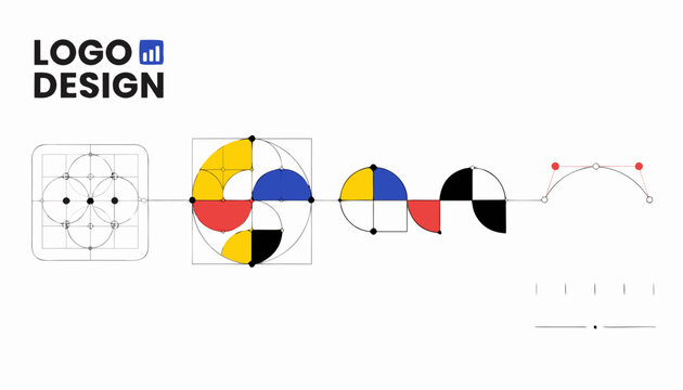 Very beautiful realistic vector illustration of a GEOMETRIC LOGO DESIGN PROCESS featuring a bold branding label reading "LOGO DESIGN", construction grid, geometric guides, stylized wordmark, B&eacute;zier cu