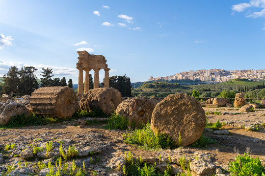 Ancient Greek ruins at the Valley of the Temples in Agrigento overlooking the modern city