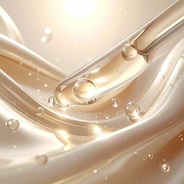 Premium golden serum dripping from a glass pipette onto elegant silky liquid waves. This abstract beauty concept evokes pure luxury, hydration, and antiaging radiance. Nobody.