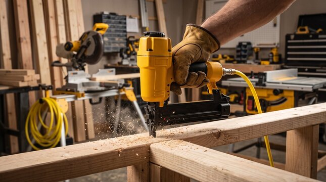 Hand operating a nail gun in a woodworking workshop environment
