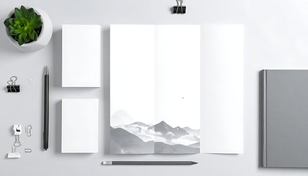Clean desk scene with open tri-fold brochure showcasing misty mountains, beside blank cards, pen, plant, and binder clips, top view