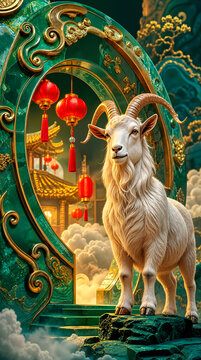 Majestic white goat standing by a large green jade circular archway with gold ornaments and hanging red lanterns. Chinese New Year fantasy landscape with golden temple and mist