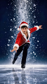 South Asian male figure skater in red Santa costume performing on ice rink with exploding ice crystals. Dynamic winter sports action on frozen pond with festive Christmas holiday theme