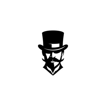 Black and white vector silhouette illustration of a mysterious vintage gentleman wearing a classic top hat and mustache