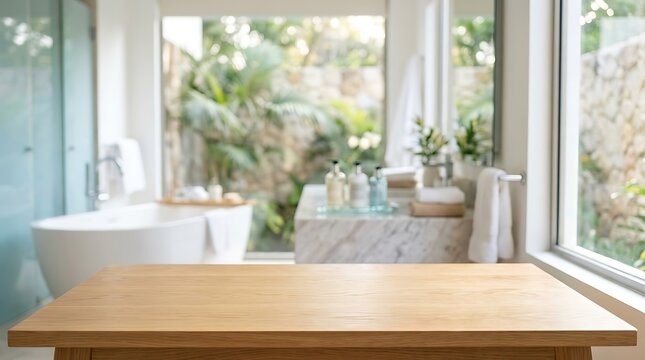 Empty wooden table top in luxury bathroom with bathtub and marble sink for product placement mockup banner background.
